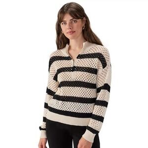 Modern Supply by Sanctuary Open Knit Sweater Large Striped Black Cream 1/4 Zip‎